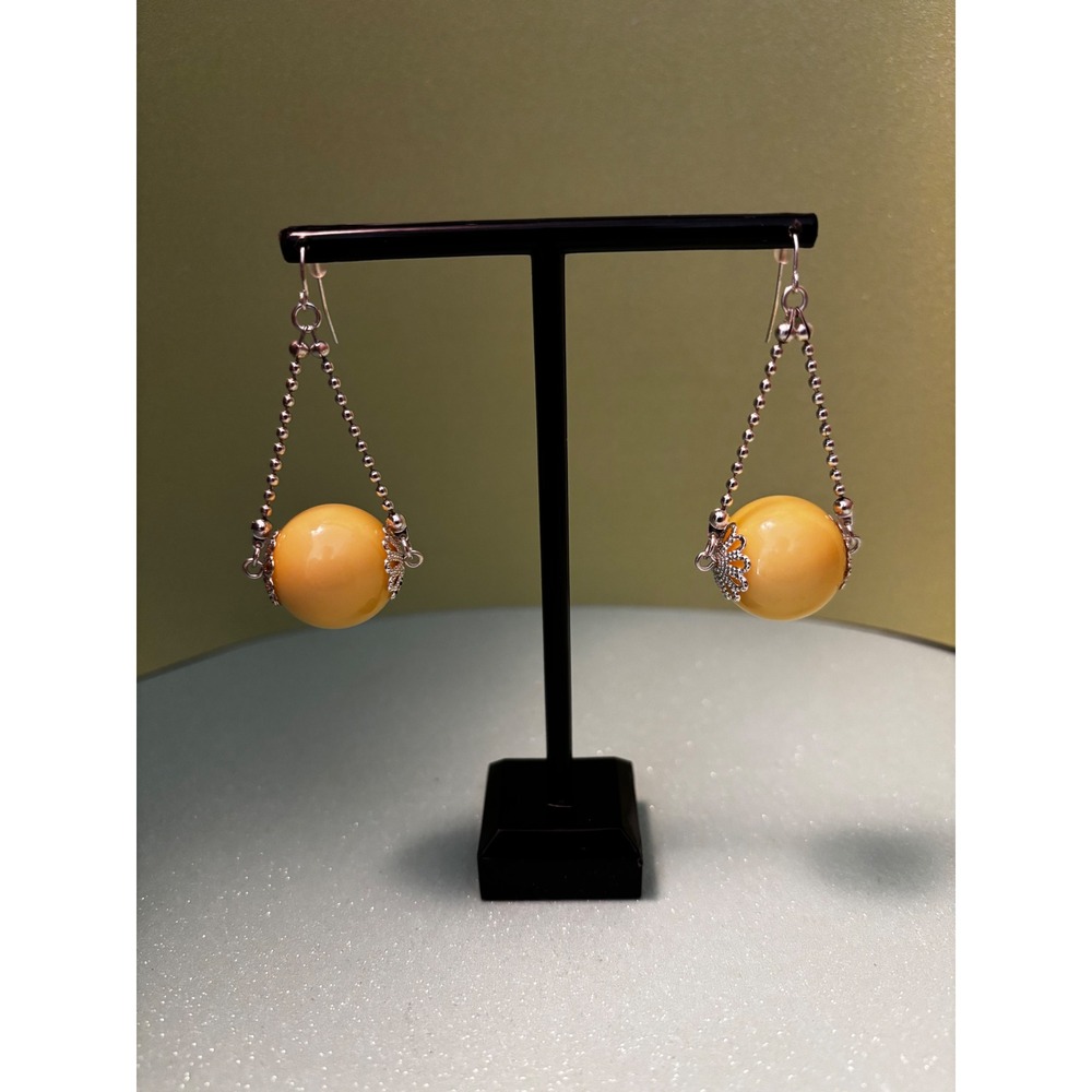Yellow Butterscotch Bead Dangle Earrings Silver Tone Ball Chain Filigree Drop